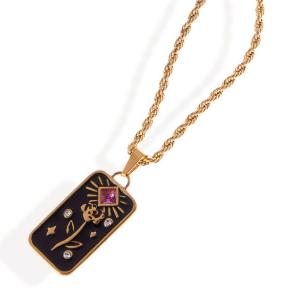 Gold Tone Rope Chain Necklace with Enamel Pendant and Gemstone Accent