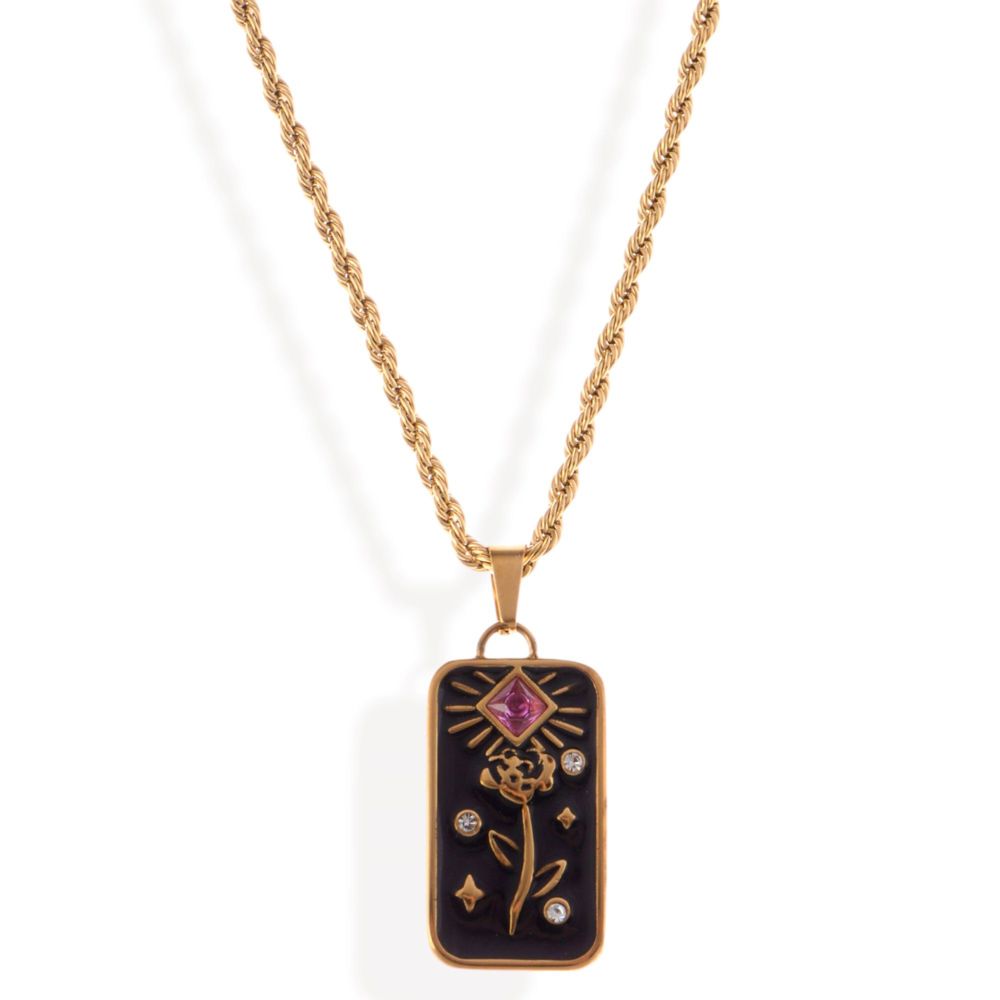 Gold Tone Rope Chain Necklace with Enamel Pendant and Gemstone Accent