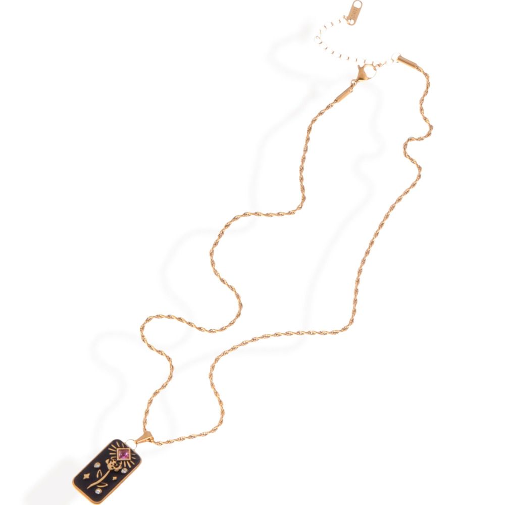 Gold Tone Rope Chain Necklace with Enamel Pendant and Gemstone Accent