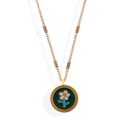 Gold Tone Chain Necklace with Green Enamel Flower Pendant