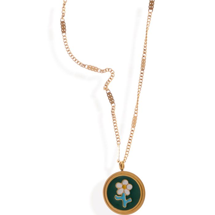 Gold Tone Chain Necklace with Green Enamel Flower Pendant