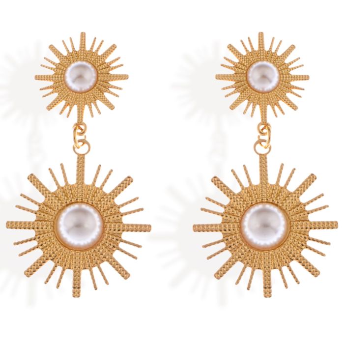 Gold Tone Sunburst Dangle Earrings with Pearl Accents