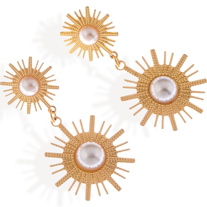 Gold Tone Sunburst Dangle Earrings with Pearl Accents