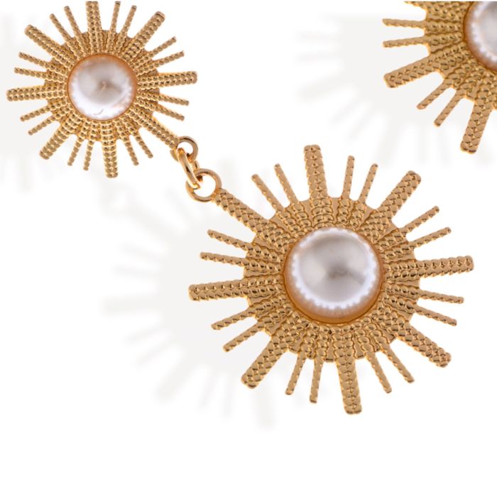 Gold Tone Sunburst Dangle Earrings with Pearl Accents