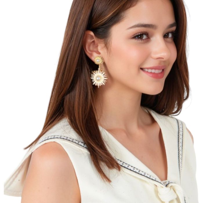 Gold Tone Sunburst Dangle Earrings with Pearl Accents