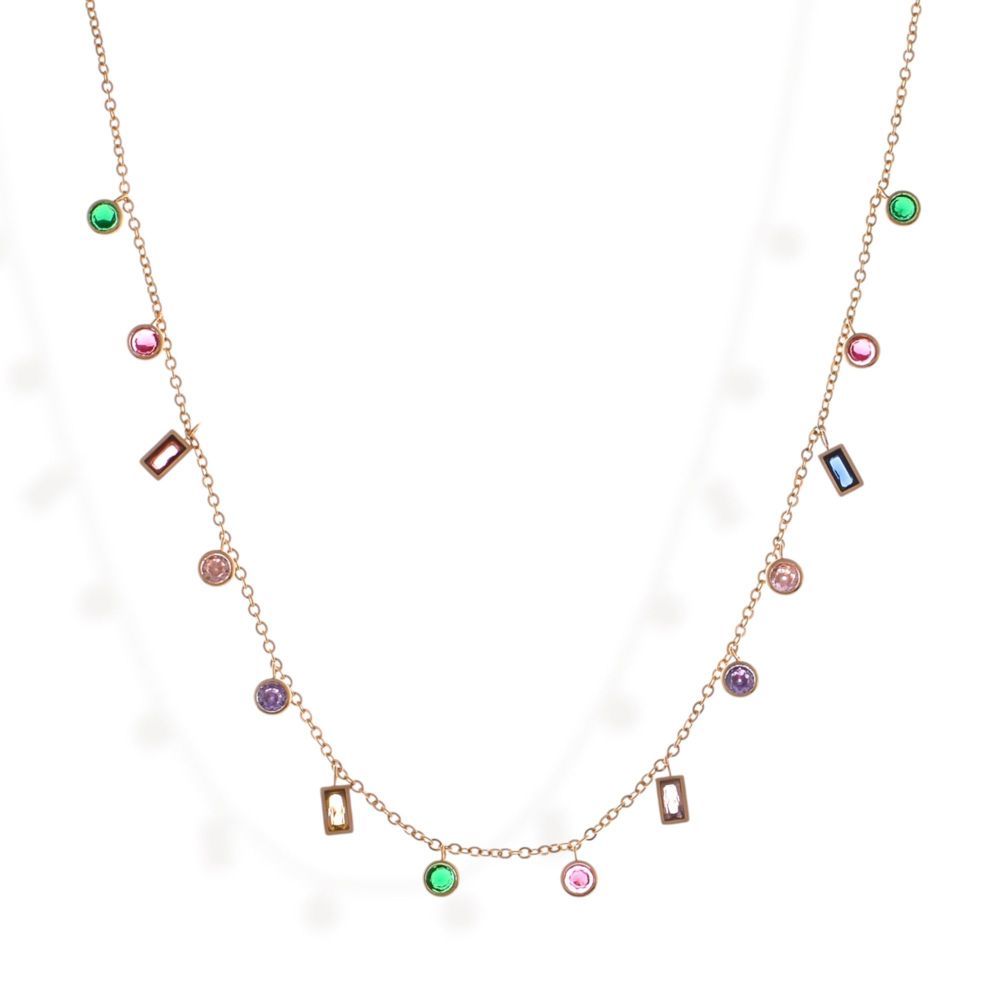 Multi-Colored Gemstone Pendant Necklace on Gold Tone Chain