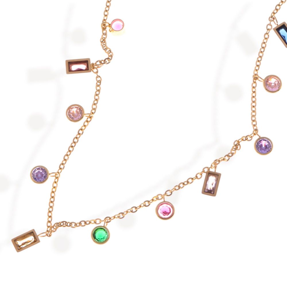 Multi-Colored Gemstone Pendant Necklace on Gold Tone Chain