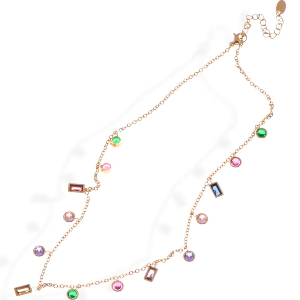 Multi-Colored Gemstone Pendant Necklace on Gold Tone Chain