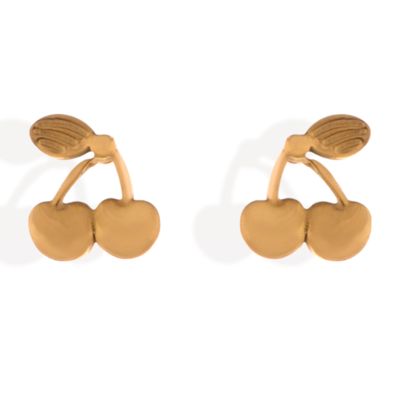 Gold Tone Cherry Shaped Stud Earrings with Leaf Detail