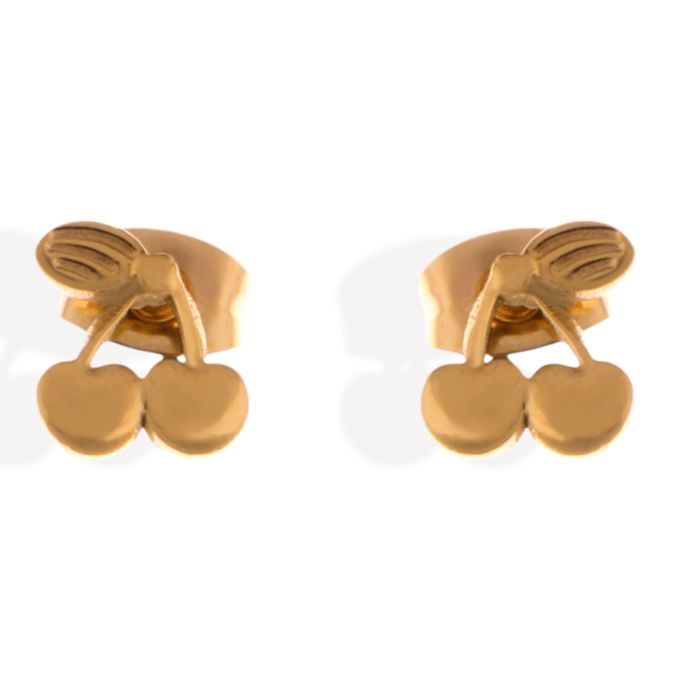 Gold Tone Cherry Shaped Stud Earrings with Leaf Detail