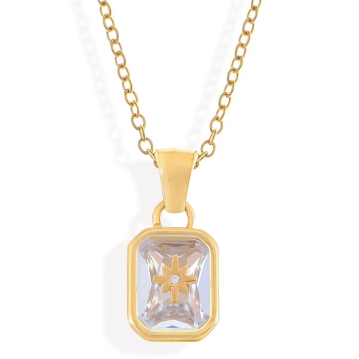 Gold Tone Pendant Necklace with Rectangular Crystal and Starburst Accent