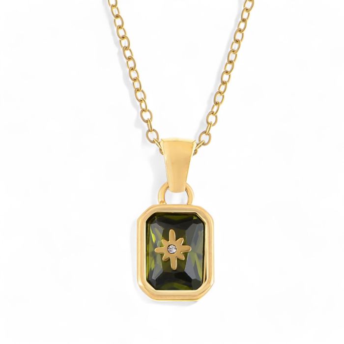 Gold Tone Pendant Necklace with Rectangular Crystal and Starburst Accent