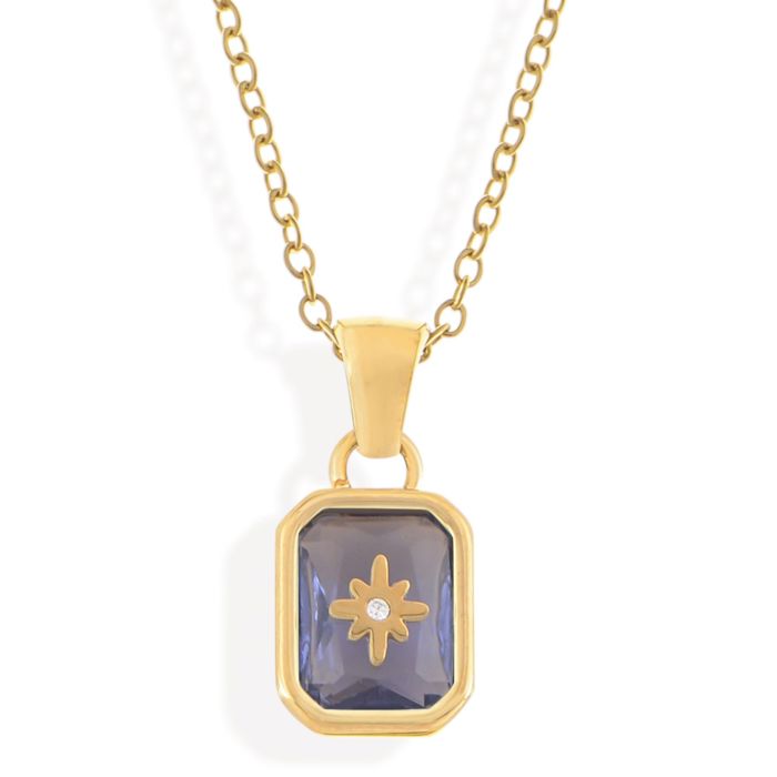 Gold Tone Pendant Necklace with Rectangular Crystal and Starburst Accent