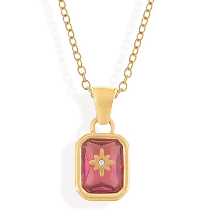 Gold Tone Pendant Necklace with Rectangular Crystal and Starburst Accent