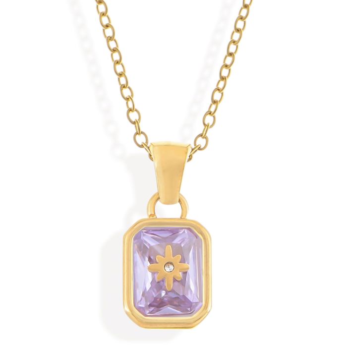 Gold Tone Pendant Necklace with Rectangular Crystal and Starburst Accent