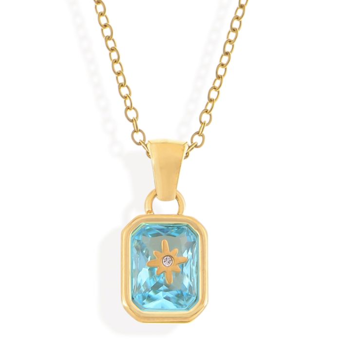 Gold Tone Pendant Necklace with Rectangular Crystal and Starburst Accent