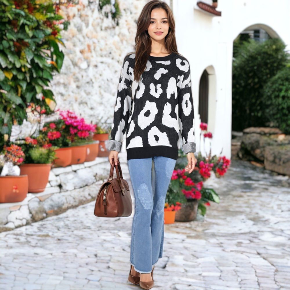 Leopard Print Long Sleeve Cuffed Sweater