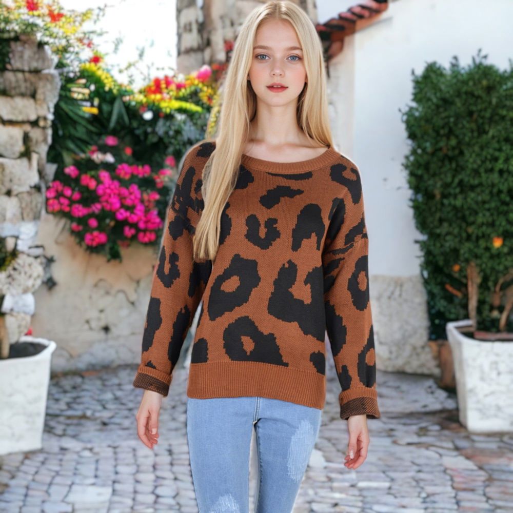 Leopard Print Long Sleeve Cuffed Sweater