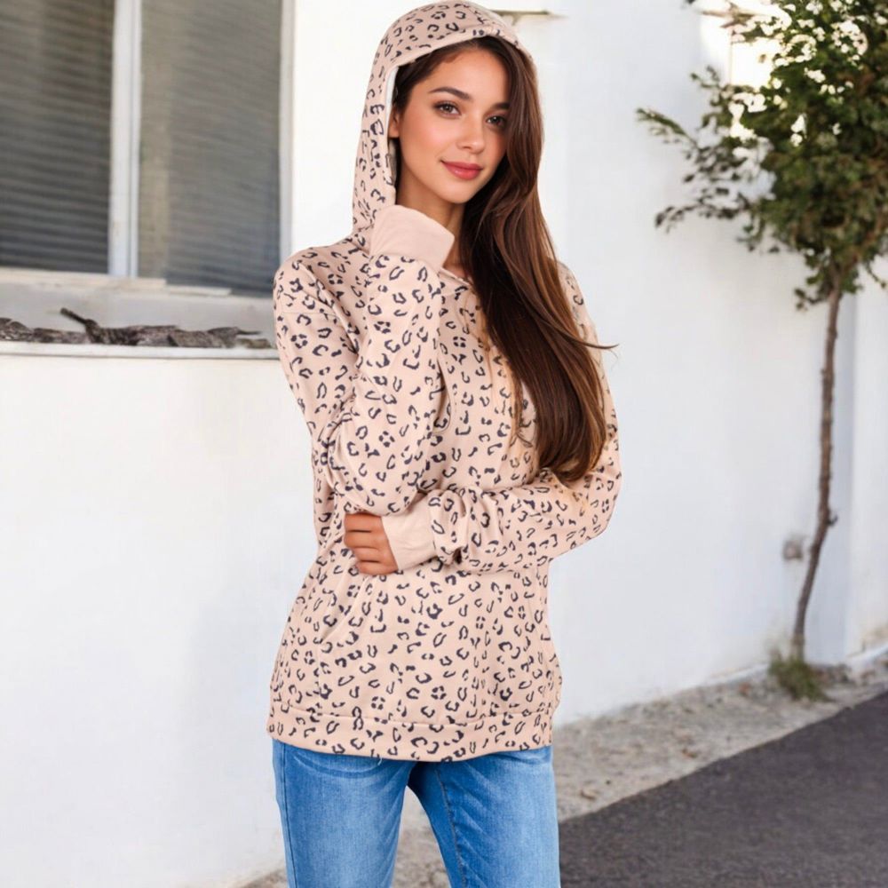 Leopard Print Hoodie with Drawstring and Kangaroo Pocket