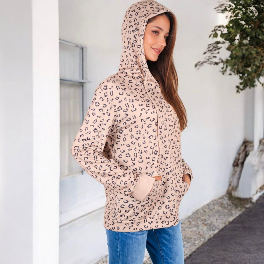 Leopard Print Hoodie with Drawstring and Kangaroo Pocket