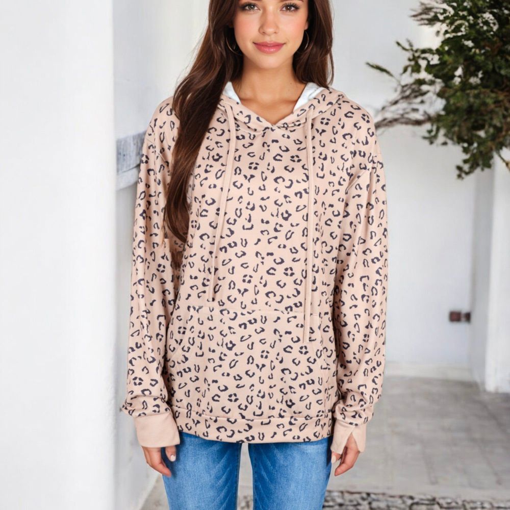 Leopard Print Hoodie with Drawstring and Kangaroo Pocket