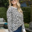 Brown Large Leopard Print Long Sleeve Top with Crew Neck and Ribbed Cuffs