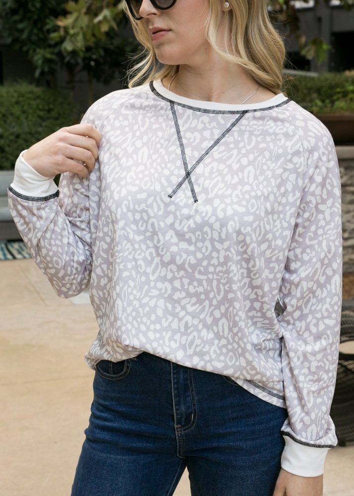 Leopard Print Long Sleeve Top with Crew Neck and Ribbed Cuffs