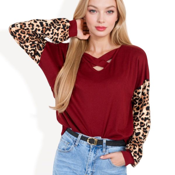 Crisscross V-Neck Top with Leopard Print Sleeves and Relaxed Fit