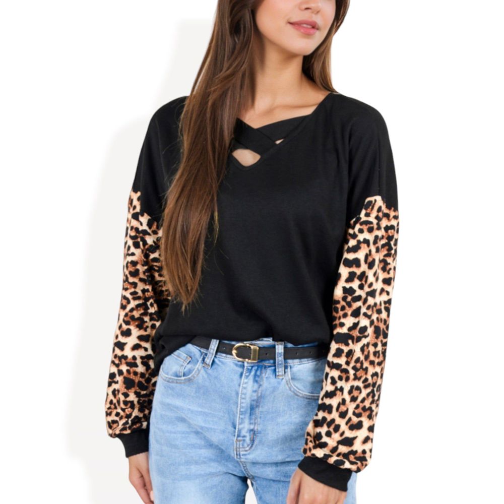 Crisscross V-Neck Top with Leopard Print Sleeves and Relaxed Fit