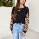 Black Large Crisscross V-Neck Top with Leopard Print Sleeves and Relaxed Fit