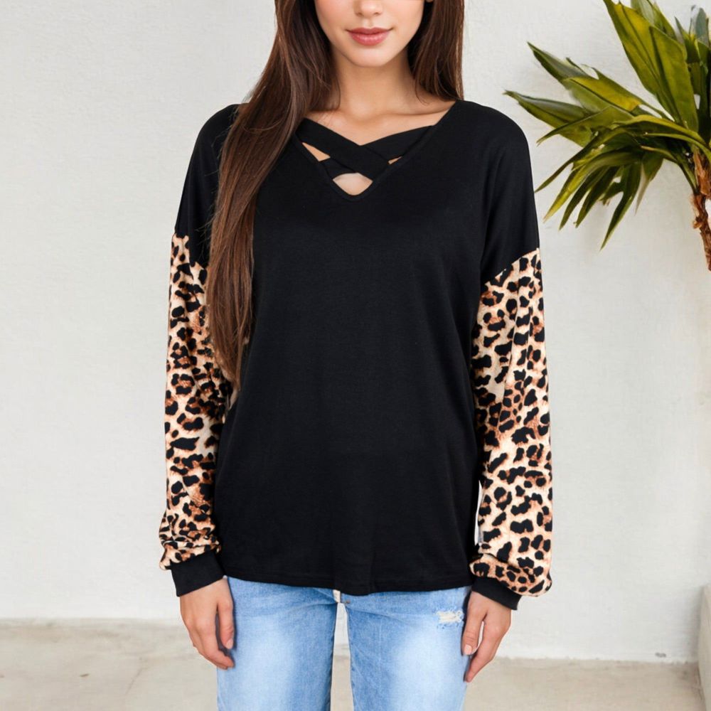 Crisscross V-Neck Top with Leopard Print Sleeves and Relaxed Fit