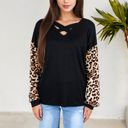 Black Large Crisscross V-Neck Top with Leopard Print Sleeves and Relaxed Fit