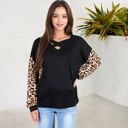 Black Large Crisscross V-Neck Top with Leopard Print Sleeves and Relaxed Fit