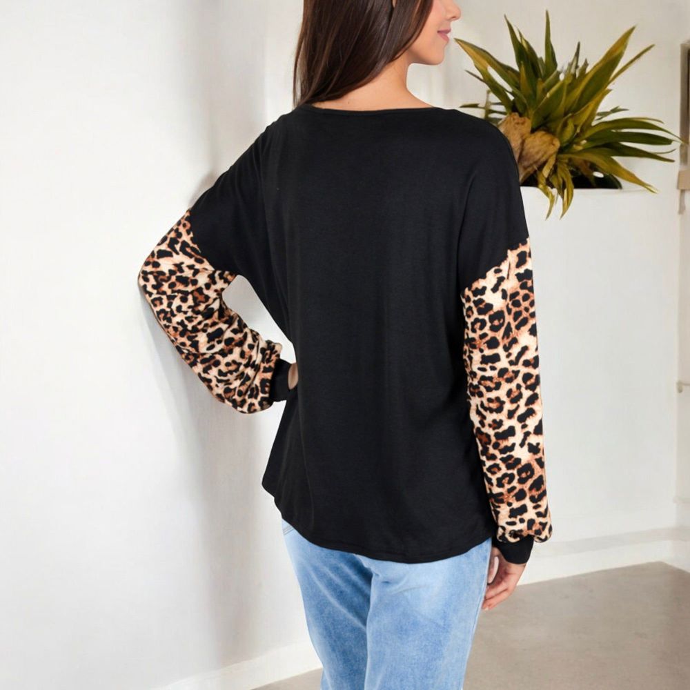 Crisscross V-Neck Top with Leopard Print Sleeves and Relaxed Fit