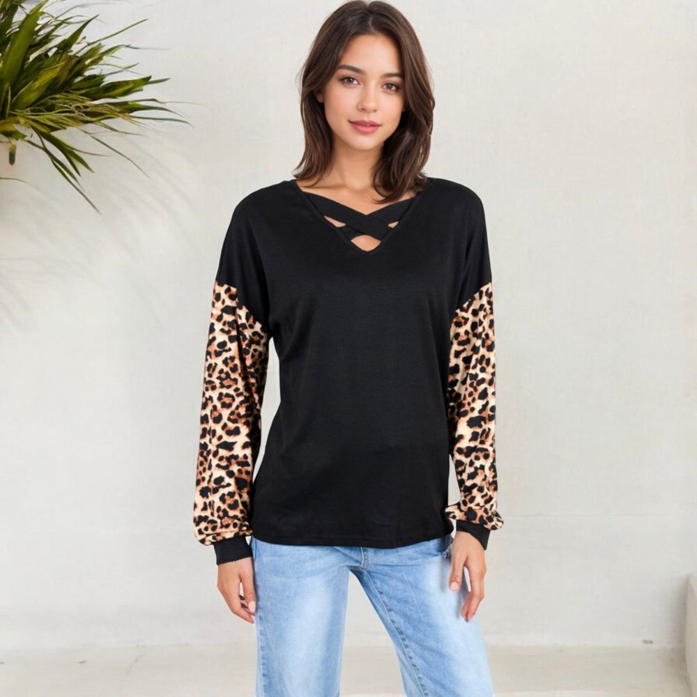 Crisscross V-Neck Top with Leopard Print Sleeves and Relaxed Fit