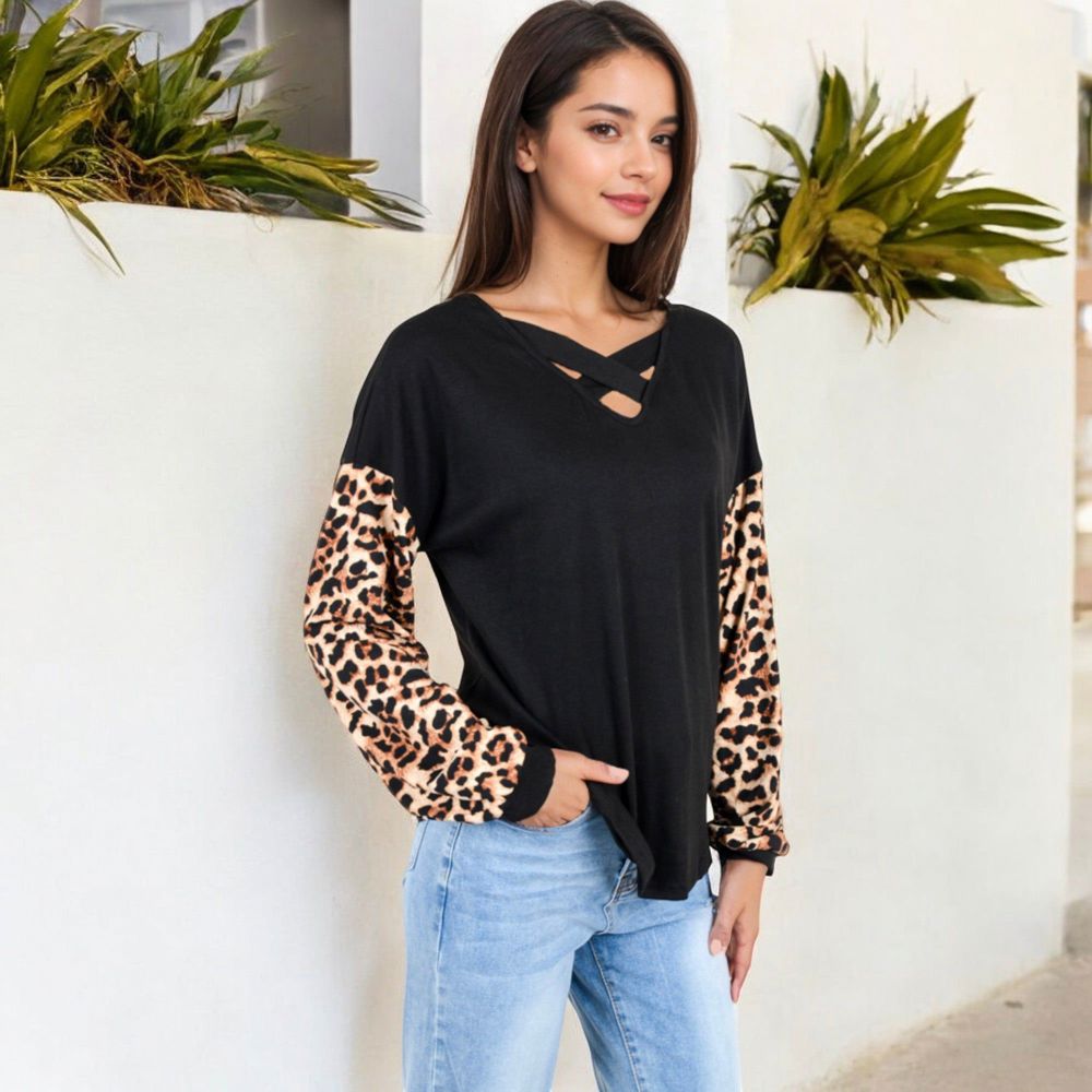 Crisscross V-Neck Top with Leopard Print Sleeves and Relaxed Fit