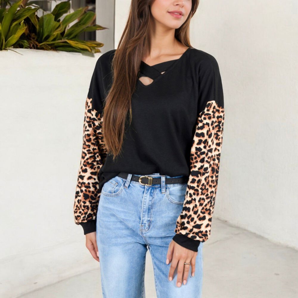 Crisscross V-Neck Top with Leopard Print Sleeves and Relaxed Fit