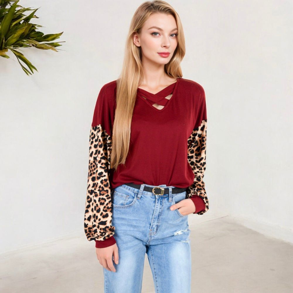 Crisscross V-Neck Top with Leopard Print Sleeves and Relaxed Fit