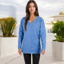 Blue Large Long Sleeve V-Neck Tunic Sweater with Seam Detail