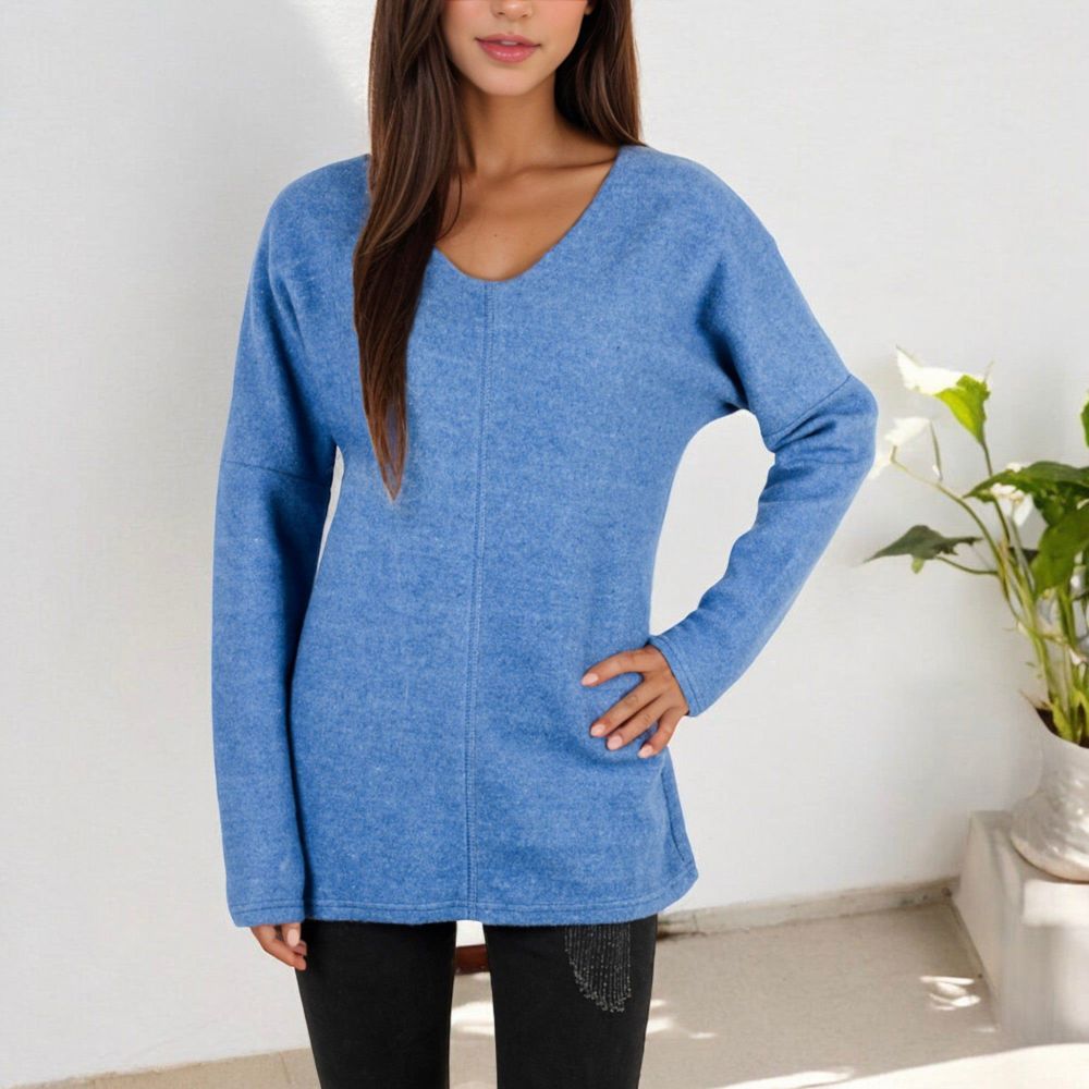 Long Sleeve V-Neck Tunic Sweater with Seam Detail