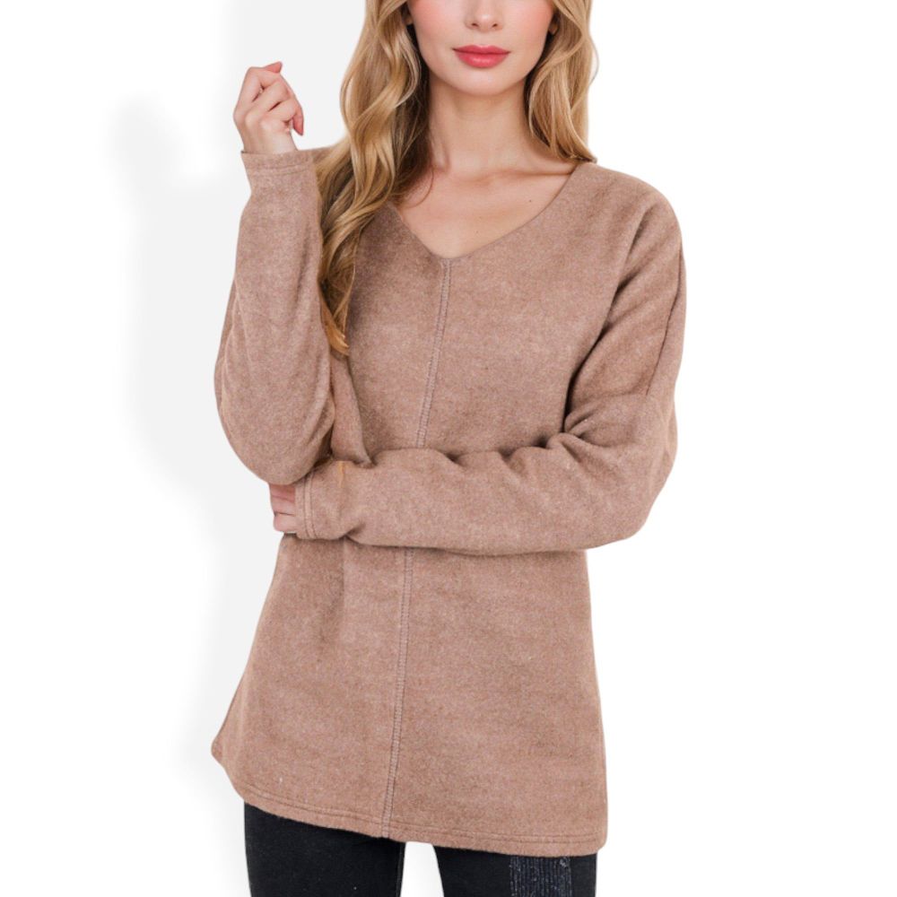 Long Sleeve V-Neck Tunic Sweater with Seam Detail