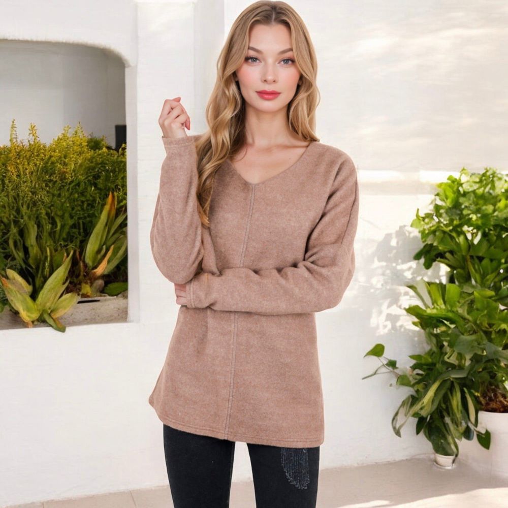 Long Sleeve V-Neck Tunic Sweater with Seam Detail