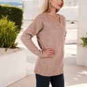 Brown XXL Long Sleeve V-Neck Tunic Sweater with Seam Detail