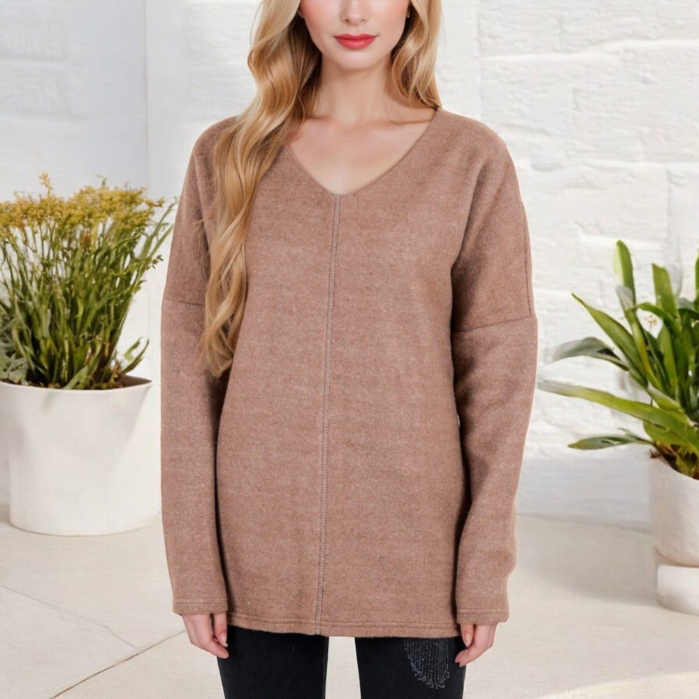 Long Sleeve V-Neck Tunic Sweater with Seam Detail