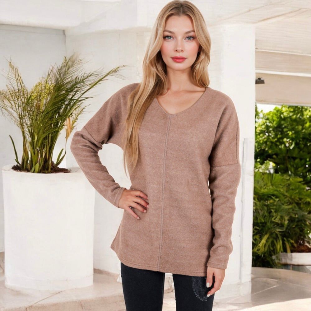 Long Sleeve V-Neck Tunic Sweater with Seam Detail