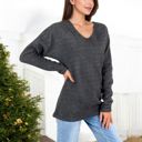 Gray XXL Long Sleeve V-Neck Tunic Sweater with Seam Detail