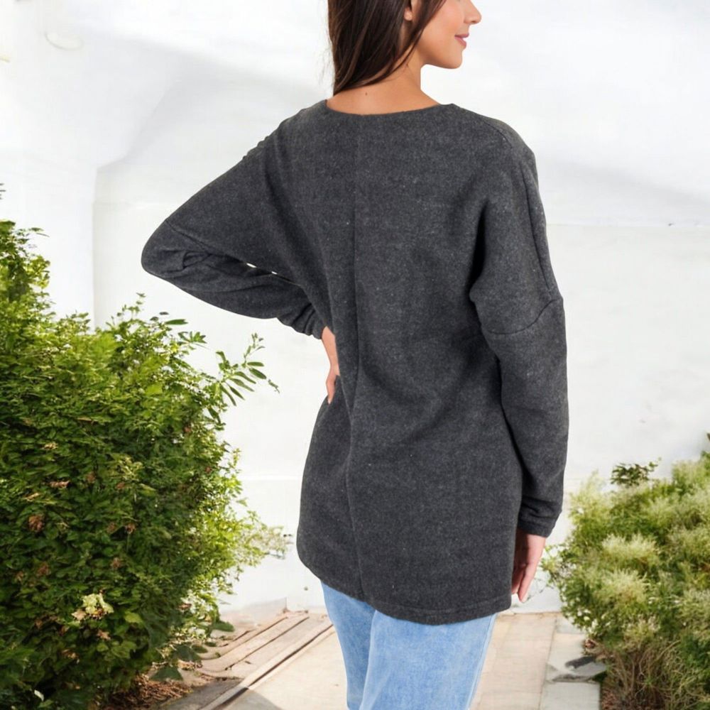 Long Sleeve V-Neck Tunic Sweater with Seam Detail