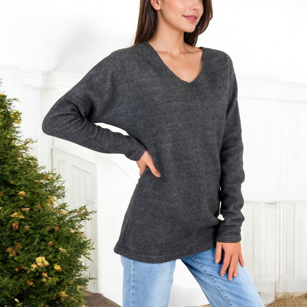 Long Sleeve V-Neck Tunic Sweater with Seam Detail