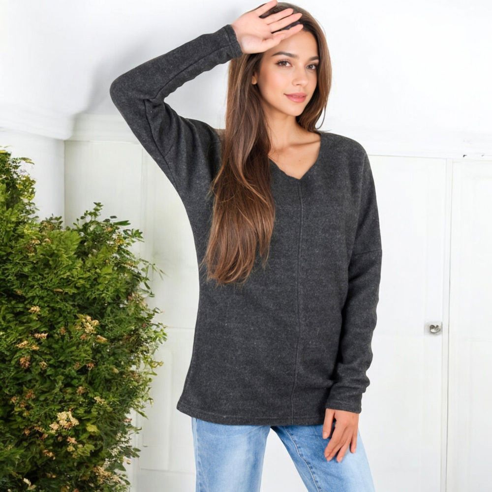 Long Sleeve V-Neck Tunic Sweater with Seam Detail