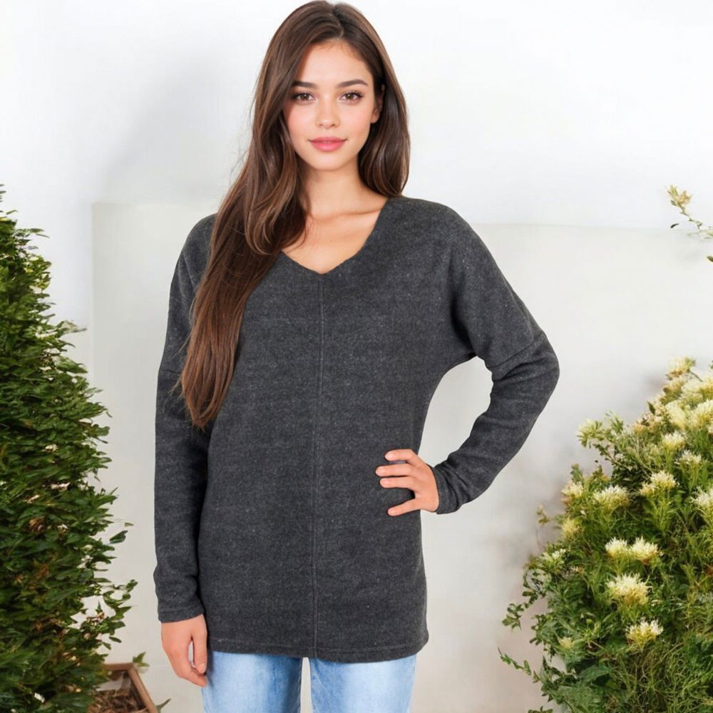 Long Sleeve V-Neck Tunic Sweater with Seam Detail